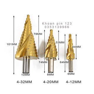 Bộ 3 mũi khoan nón, mũi khoan tầng, mũi khoan bước xoắn phủ titan