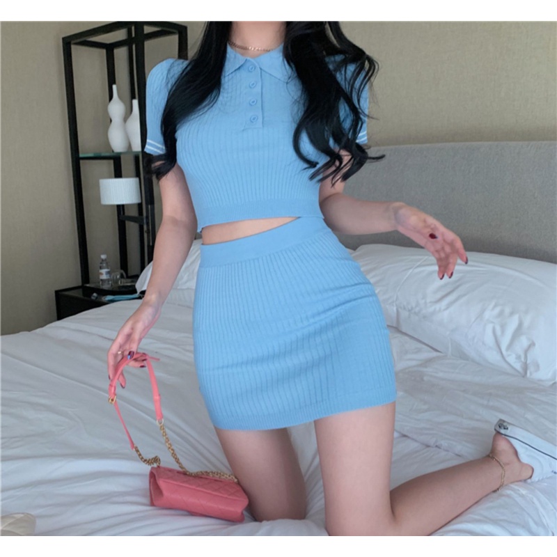 Set trang phục IELGY áo kiểu dệt kim và chân váy lưng cao ôm dáng phong cách ngọt ngào xinh xắn cho nữ