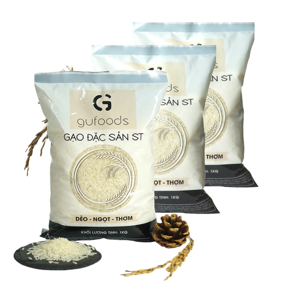 Combo 3 gúi Gạo ngon đặc sản ST24 GUfoods (mỗi túi 1kg) (dẻo - ngọt - thơm)