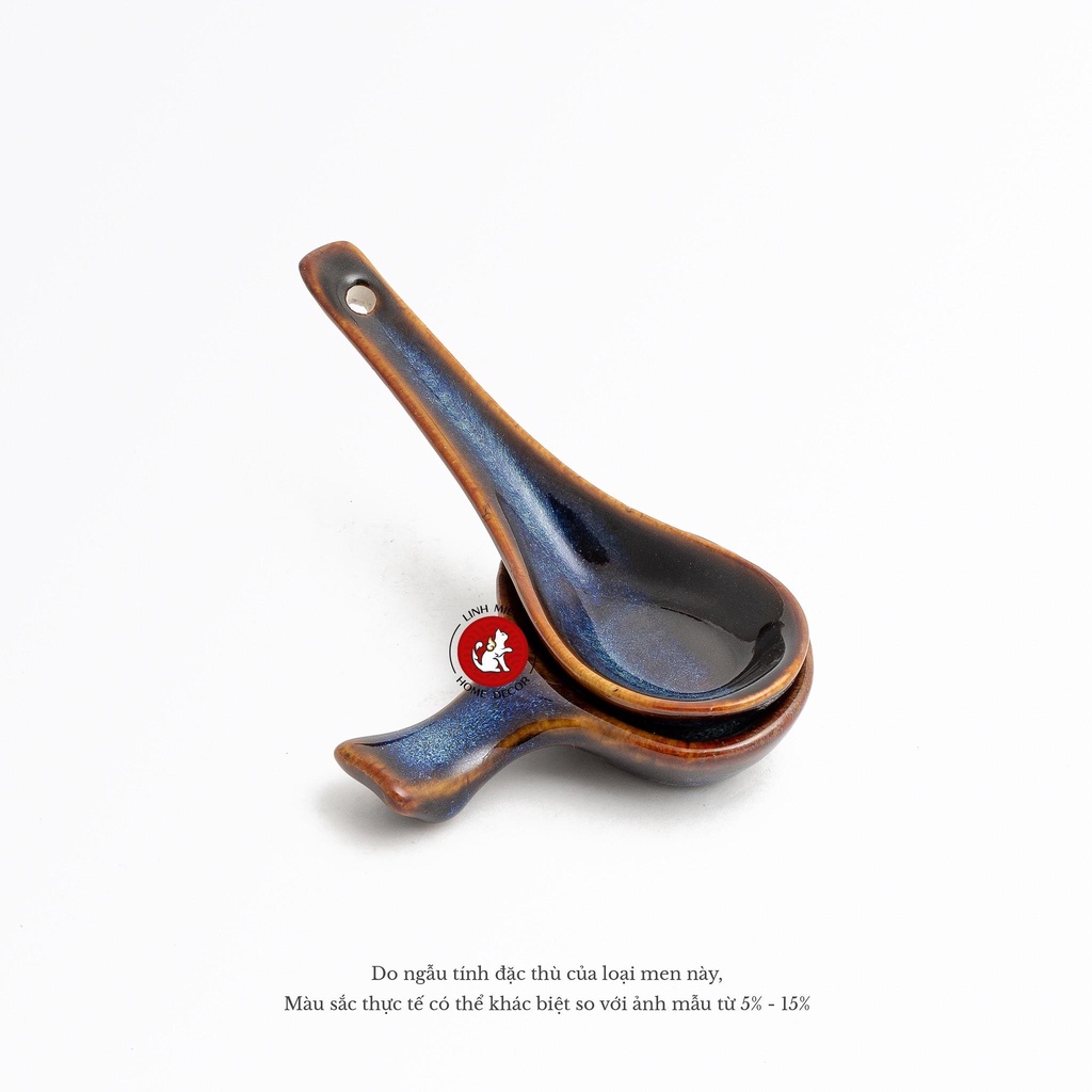 Muỗng thìa sứ ăn cơm, canh, súp men hỏa biến Bát Tràng - màu lam biếc và gấm cao cấp phong cách Bắc Âu