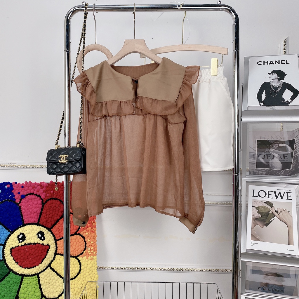 Set áo babydoll bánh bèo nâu cổ vuông quần short đùi BN505