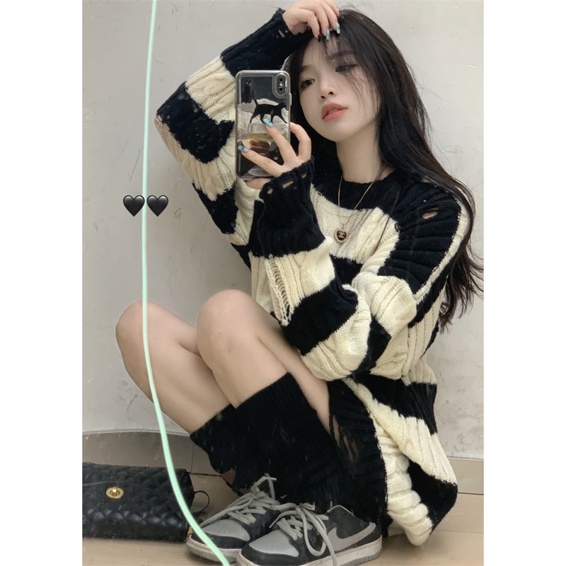 Xiaozhainv Áo sweater Dệt Kim Cổ Tròn Dáng Rộng Kẻ Sọc Trắng Đen Thời Trang Mùa Thu Cho Nữ