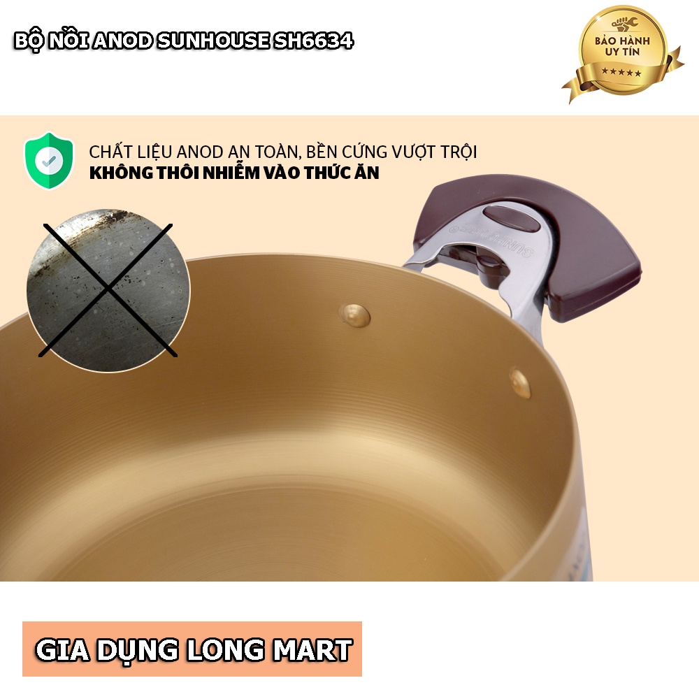 BỘ NỒI ANOD SUNHOUSE SH6634 CHẤT LIỆU NHÔM DÙNG BẾP GAS, BẾP HỒNG NGOẠI, HÀNG CHÍNH HÃNG, BH 12 THÁNG