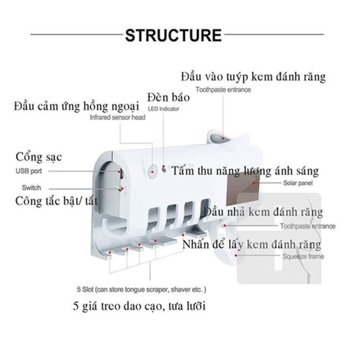 Máy Nhả Kem Đánh Răng Và Tiệt Trùng Vi Khuẩn Bàn Chải Bằng Tia UV Lên Tới 99%