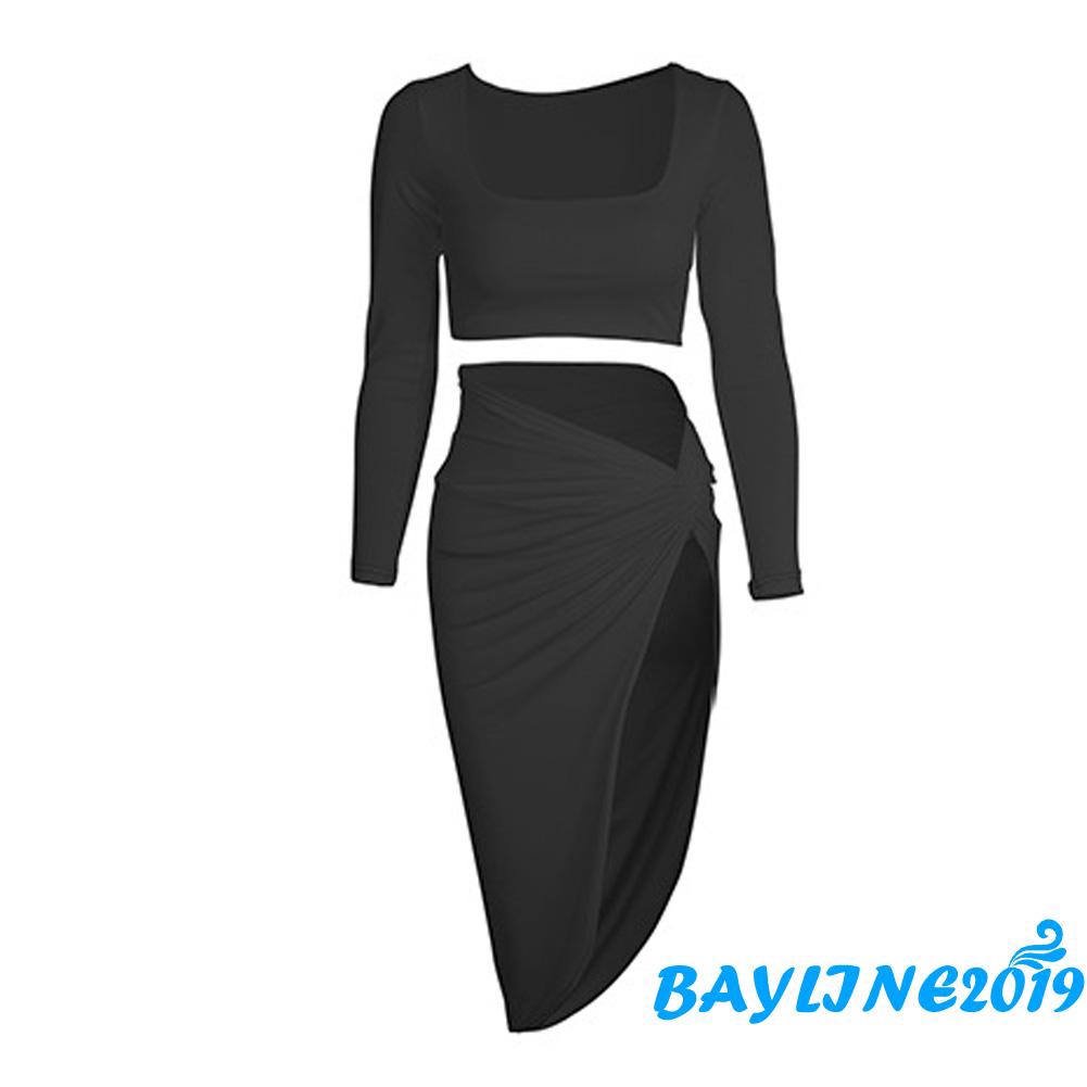Set trang phục 2 mảnh gồm áo lửng cổ vuông tay dài và chân váy dài xẻ tà tới đùi màu trơn dành cho nữ | BigBuy360 - bigbuy360.vn