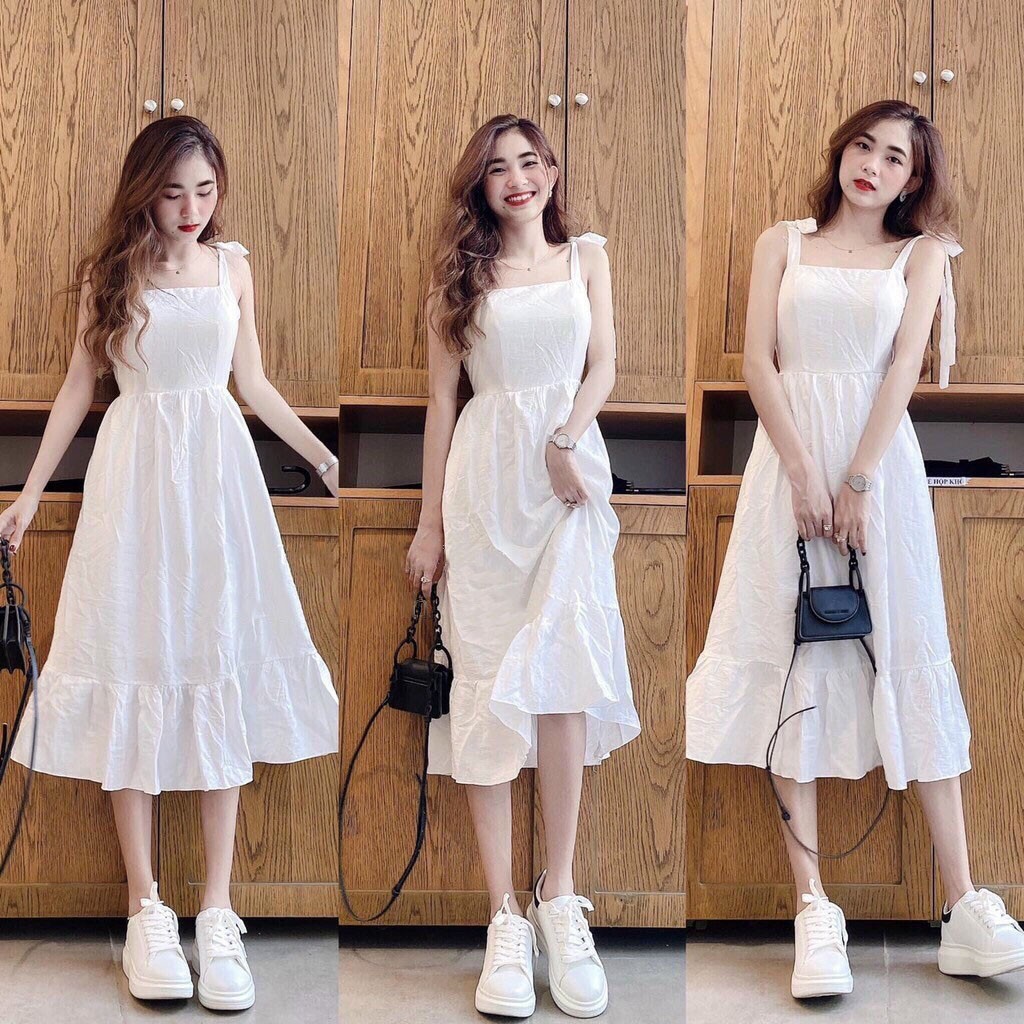 Mã FASHIONXANH194 giảm 10K đơn 50K] Váy đầm nữ dễ thương dáng dài hai dây  màu trắng vãi đũi cao cấp | Shopee Việt Nam