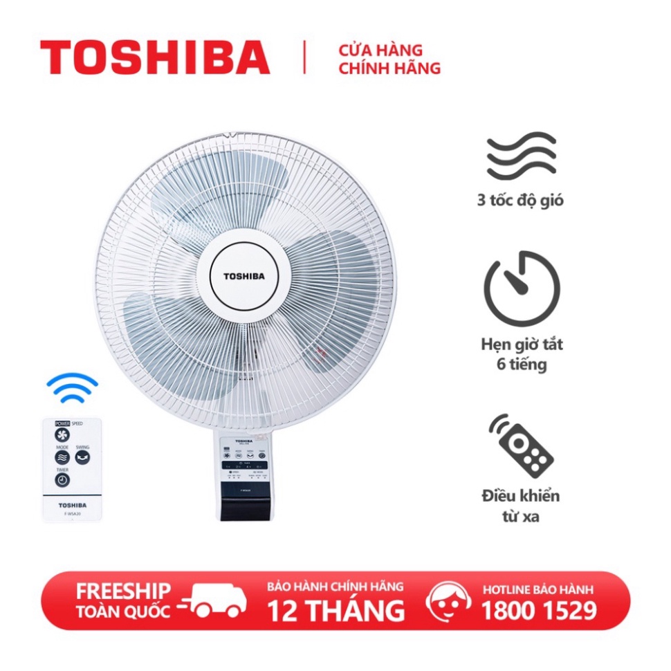 Quạt treo tường Toshiba F-WSA20(H)VN - Điều khiển từ xa - Hẹn giờ tắt - Hàng chính hãng, bảo hành 12 tháng
