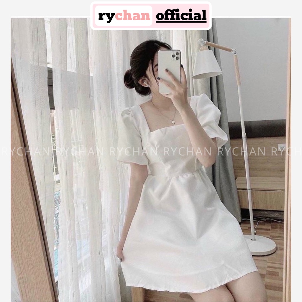 Đầm Xòe Trắng Cổ Vuông Tay Phồng Lót Trong Dày Dặn [Ảnh Thật Cuối] - DX9993