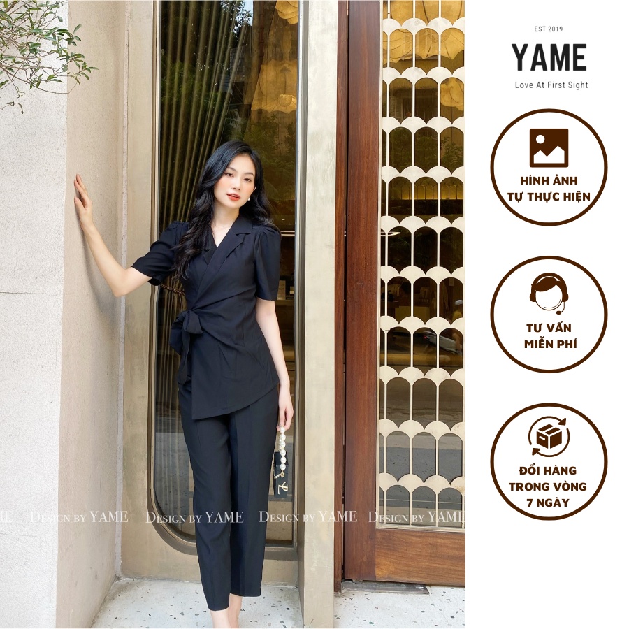 Set áo vest ngắn tay bồng vạt chéo kèm quần baggy màu đen thanh lịch công sở YAME