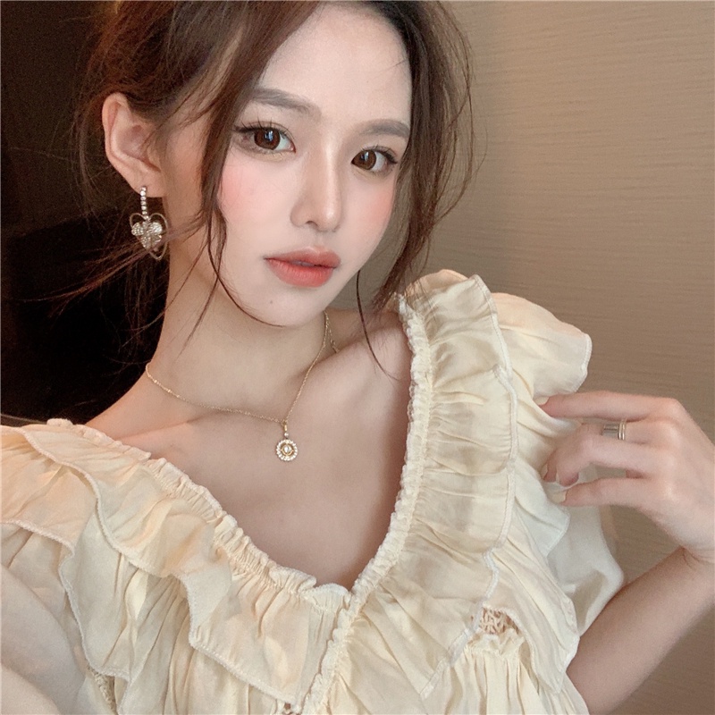 Áo kiểu Pure Cube tay phồng cổ chữ V màu trơn phong cách Pháp thời trang thanh lịch