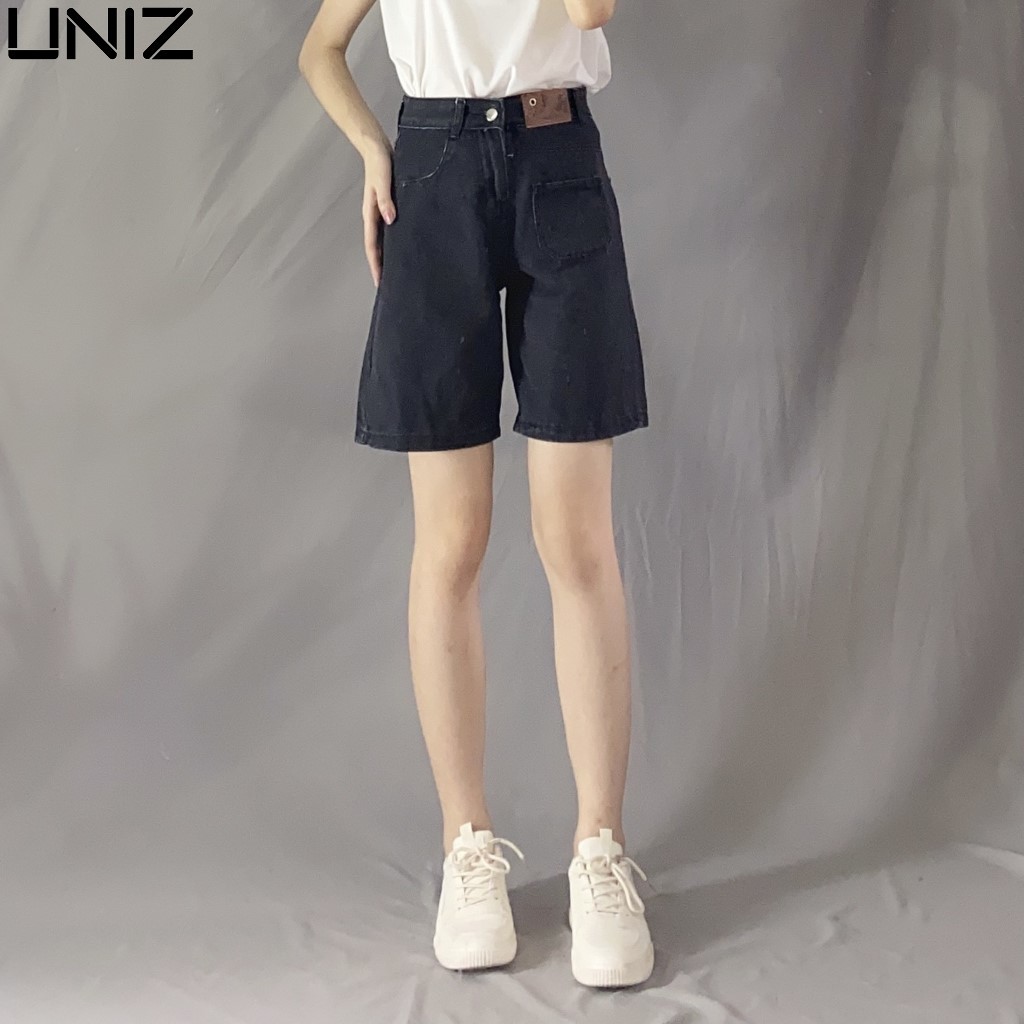 Quần Short Nữ Túi Trước UNIZ Q9015 (2 Màu), Ulzzang, Dáng Lửng, Cạp Cao, Ống Rộng Vừa, Vải Jean, Co Giãn, Mềm Nhẹ