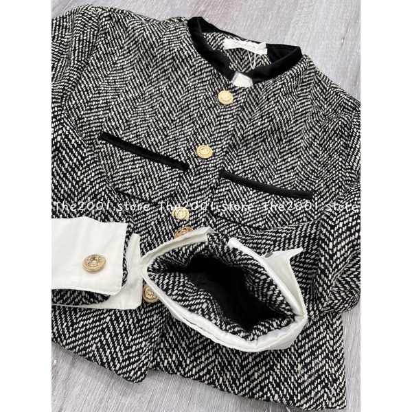 THE2001STORE | Áo khoác nữ dạ Tweed tay trắng dáng croptop phong cách Hàn Quốc