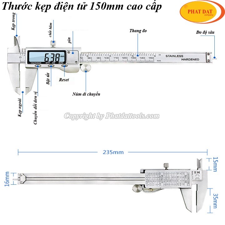 Thước kẹp điện tử 150mm thép không gỉ-Kèm pin sơ cua-Thước cặp