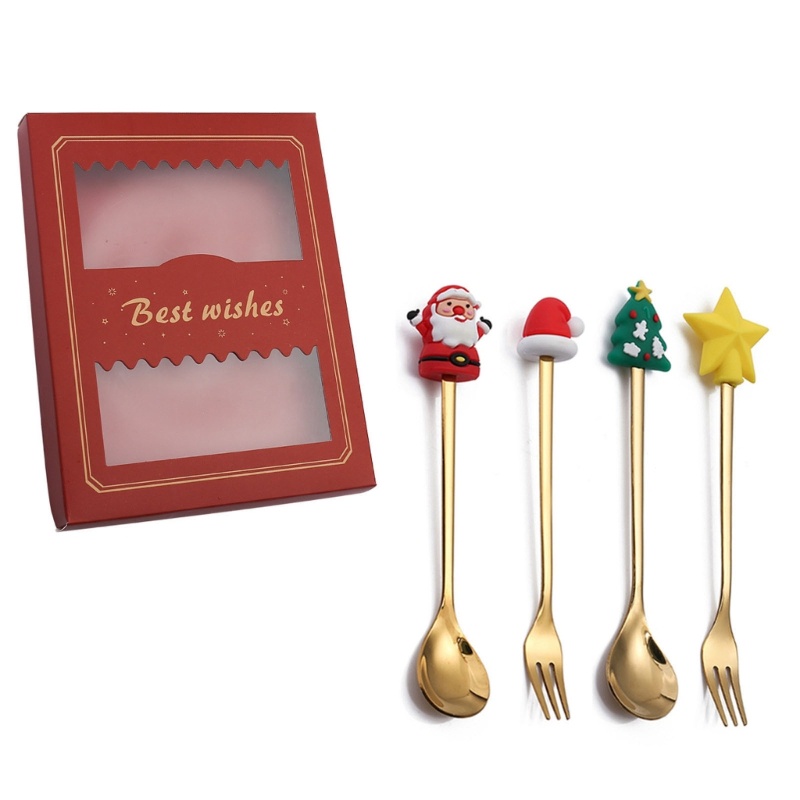 Set 4 Muỗng Nĩa Kèm Hộp Đựng Họa Tiết Giáng Sinh Dễ Thương