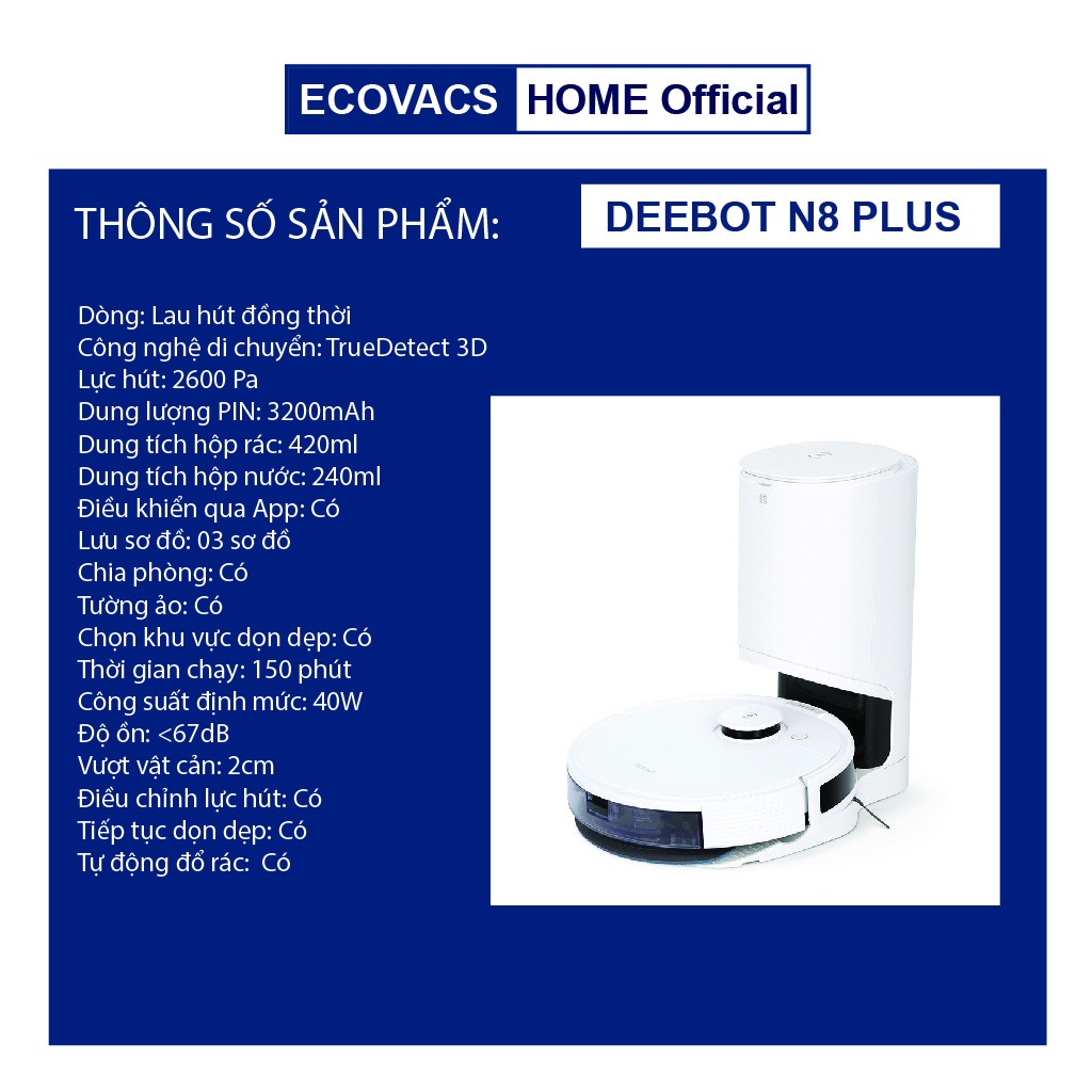 ✅ Robot Hút Bụi Lau Nhà Ecovacs Deebot OZMO N8 Pro Plus - Lực hút MAX 2600 Pa