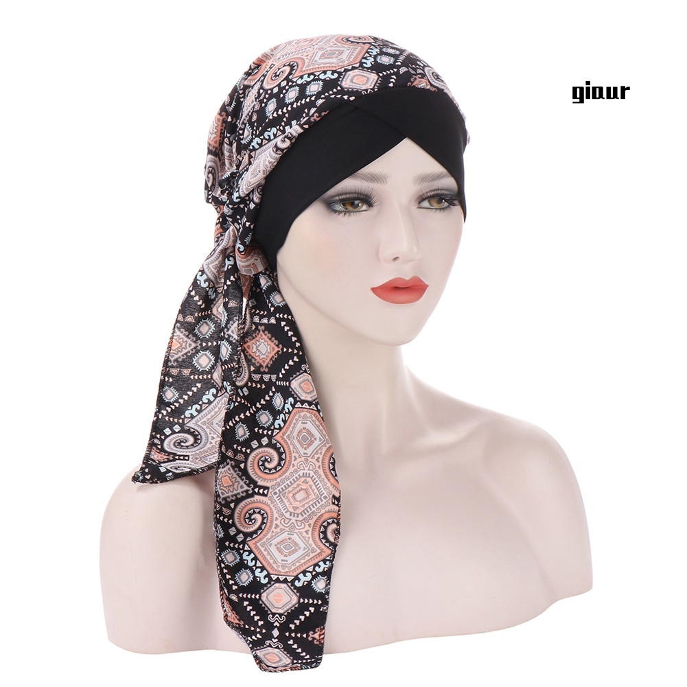 Mũ Turban Trùm Đầu Bằng Vải In Hoa Có Đuôi Dài Thời Trang Cho Nữ