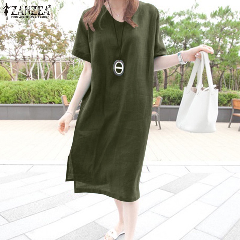 Đầm midi ZANZEA tay ngắn cổ tròn xẻ tà thời trang cho nữ
