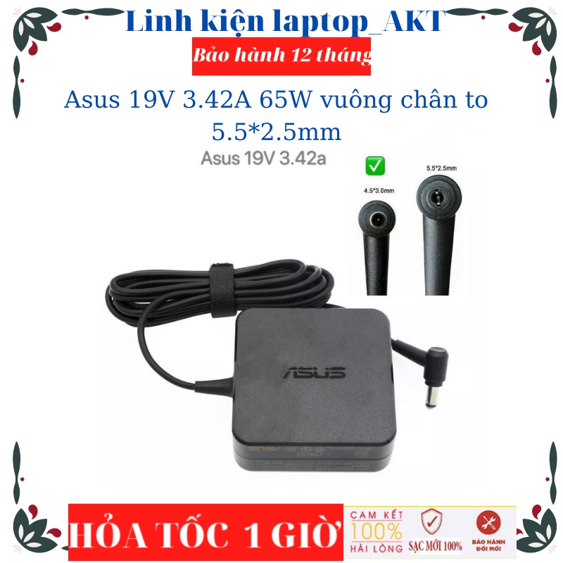 Sạc Laptop Asus 19V-3.42A-65W-ZIN vuông, chữ nhật, chân to 5.5*2.5mm, chân nhỏ 4.0*1.35mm zin kèm tặng dây nguồn