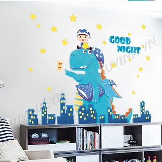 Decal dán tường chất liệu PVC loại 1, dán phòng khách, phòng ngủ, quán cafe-Khủng long xanh