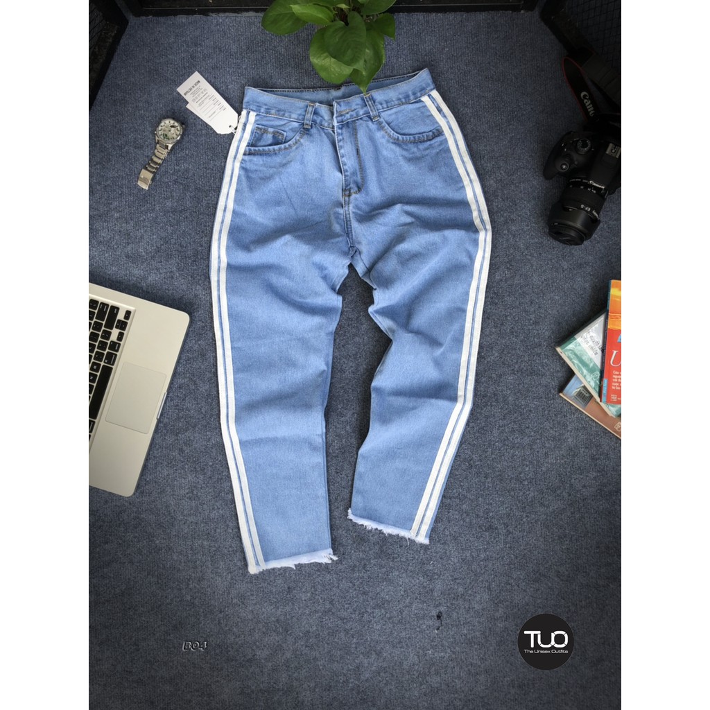 [QUẦN BAGGY JEAN] Baggy jean unisex không rách line 2 sọc trắng gấu tua B04 có hình thật -Hàng nhập khẩu