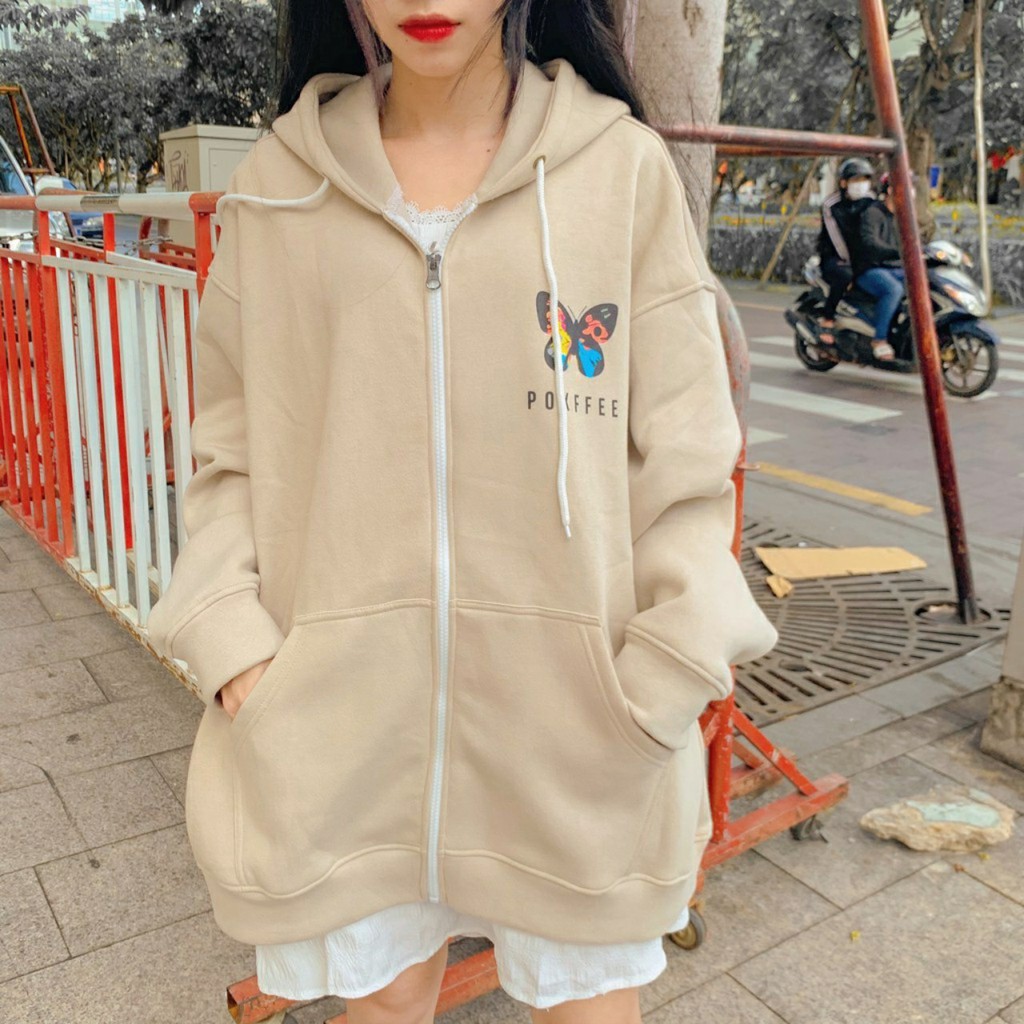 [ FREESHIP ] ÁO HOODIE DÂY KÉO NAM NỮ UNISEX MÀU BE FORM RỘNG NỈ NGOẠI CAO CẤP BABO KHÔNG XÙ LÔNG IN CON BƯỚM SIÊU ẤM ÁP