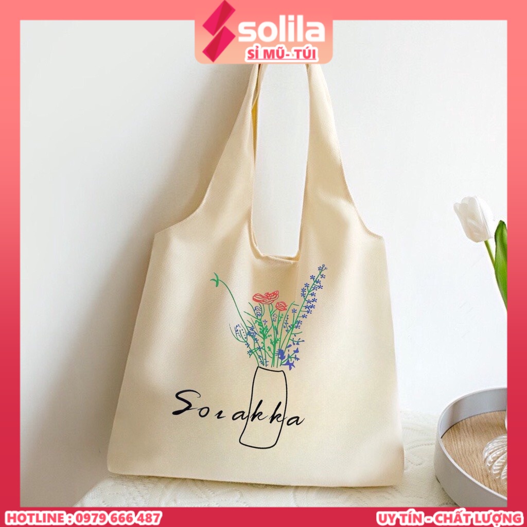 Túi tote vải bố đựng đồ canvas liền quai không khóa miệng túi in hình lọ hoa phong cách Hàn quốc