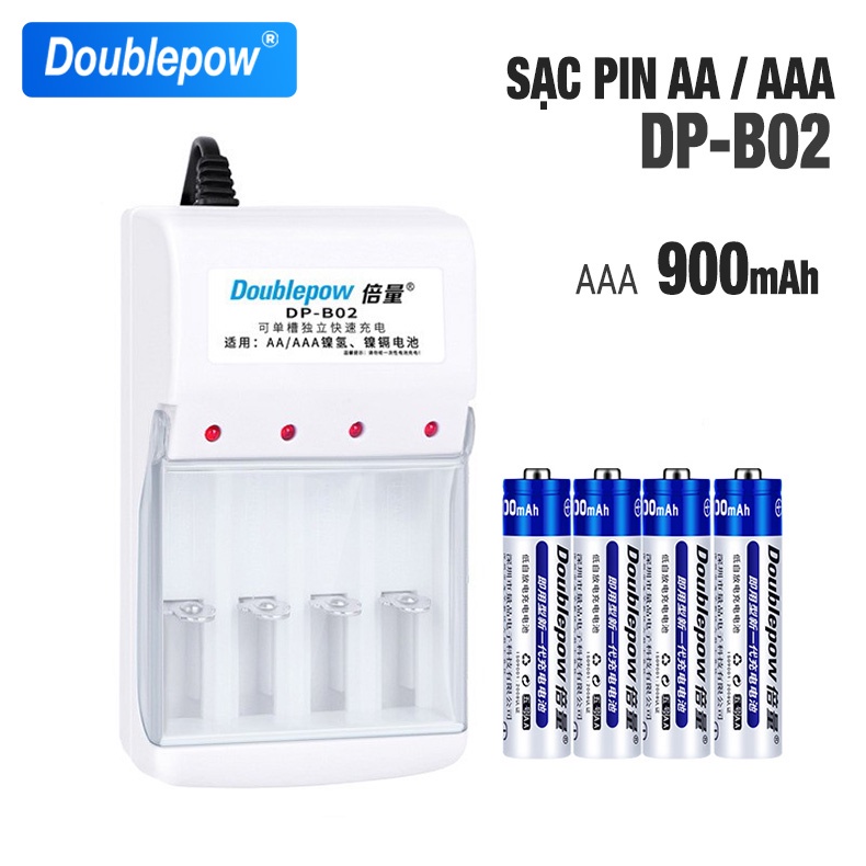 Bộ sạc pin AA/AAA DB02 kèm 4 pin AAA 900mah Doublepow Pin cho Remote tivi, ổ khóa cửa, đồ chơi trẻ em