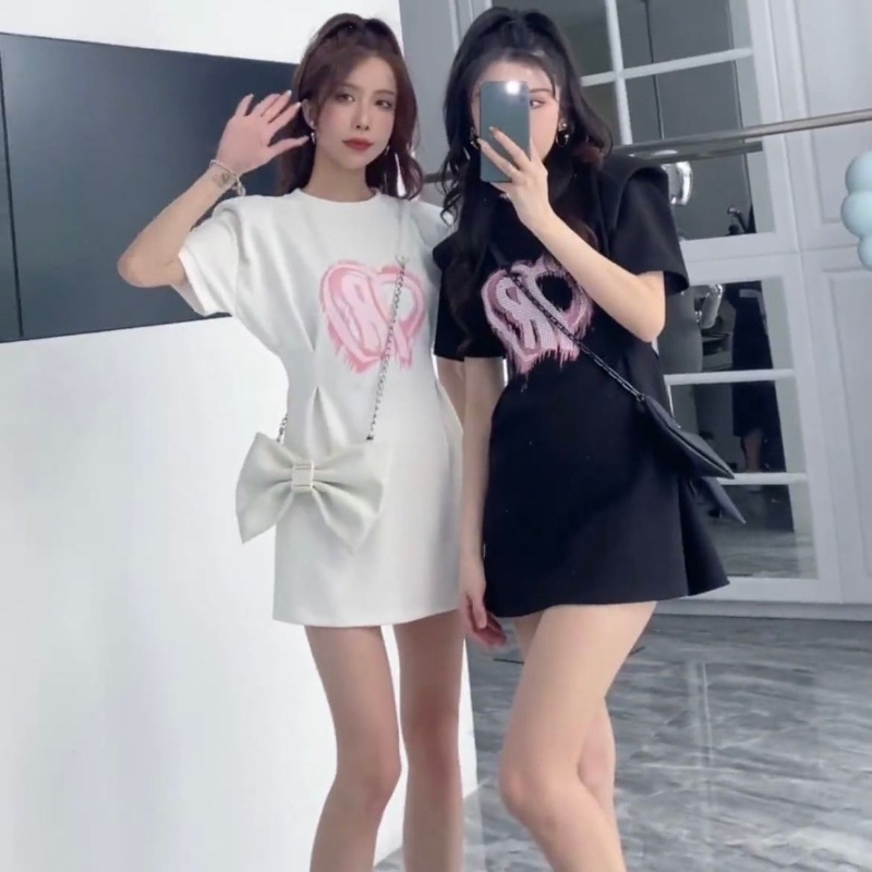 Đầm COZOKC ngắn tay ôm eo in họa tiết xinh xắn dành cho nữ