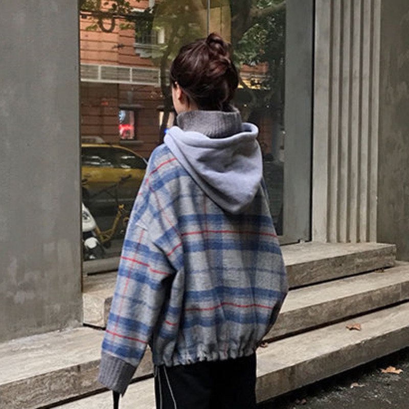 Áo hoodie dài RENJIANVSHENG tay giả hai lớp họa tiết ca rô thời trang dành cho nữ