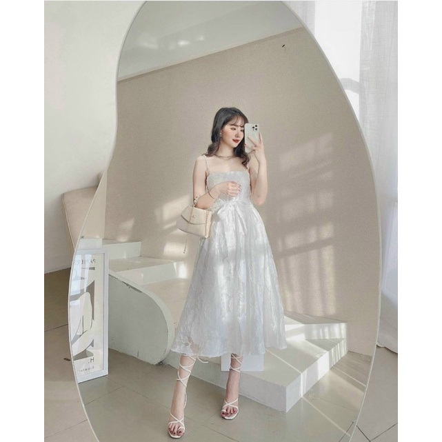 Đầm midi 2s cườm trắng hoa nổi nơ lưng🌺