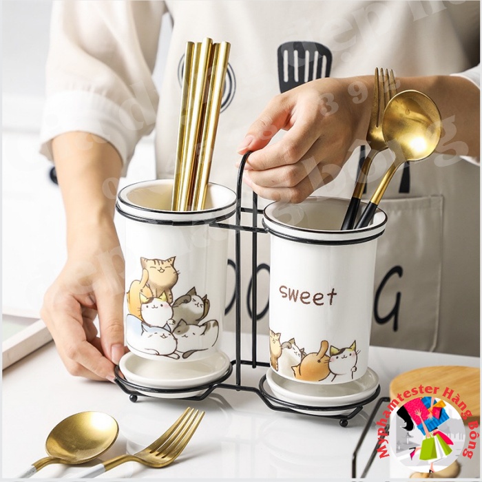 (HÀNG ĐẸP) Bộ ống đựng đũa sứ đựng đũa, thìa, muỗng cao cấp kèm khung thép xuất Nhật