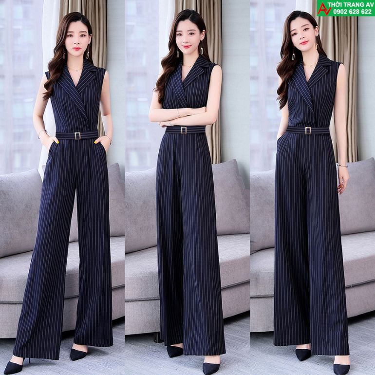 Jumpsuit - Đồ bay dài ống suông cổ vest kẻ sọc thắt lưng kèm belt - AV6462