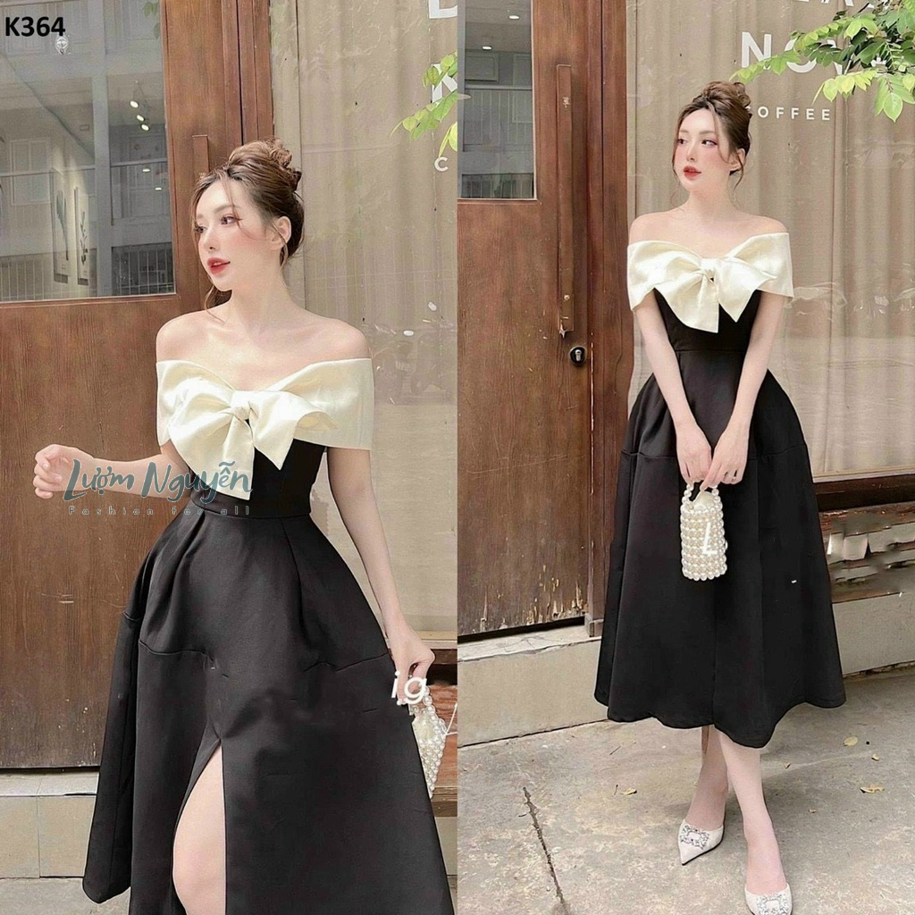 Đầm tiểu thư xòe xẻ tà nơ ngực cực xịn