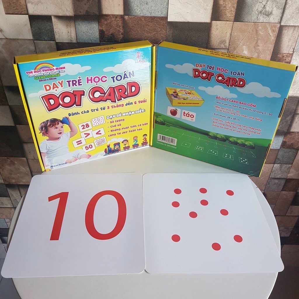 Bộ thẻ chấm 56 thẻ (số từ 0-50 và 5 dấu) Dot card 21x21cm to dày đẹp Giúp con học Toán Flashcard Glenn Doman