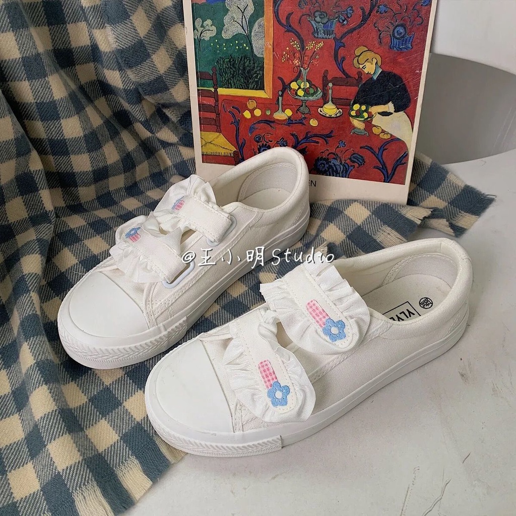Giày Thể Thao Canvas Khóa Dán In Hình Gấu Nhỏ Phong Cách Nhật Bản Mới Cho Nữ