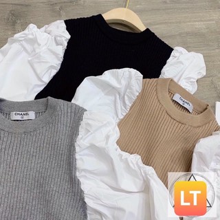 áo len zip tay phồng voan