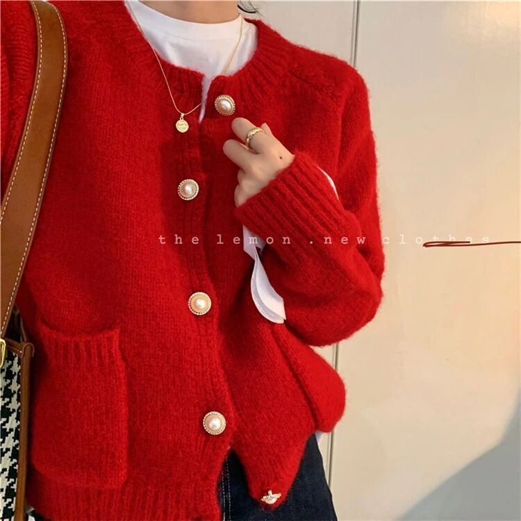 Áo khoác cardigan dệt kim cổ tròn dáng rộng màu sắc đơn giản
