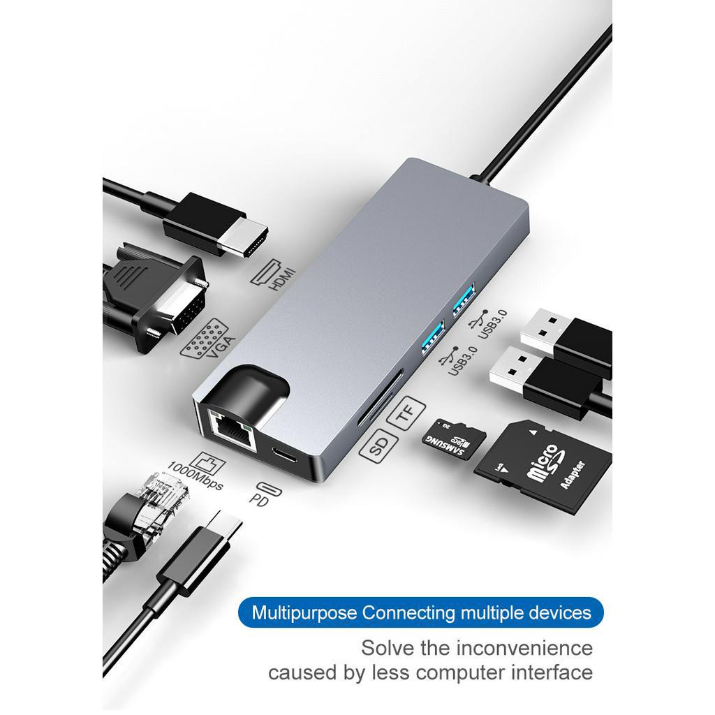 Bộ Chuyển Đổi 8 Trong 1 Type C Sang VAG HDMI USB 3.0 Ethernet Micro TF SD hub