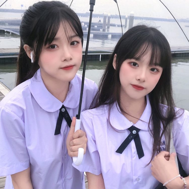 Thailand School Uniform round NeckjkUniform Student Light Purple Short-Sleeved Shirt First Love Xiaoshui Same Style Shirt College Style Female【5Month12Day After】