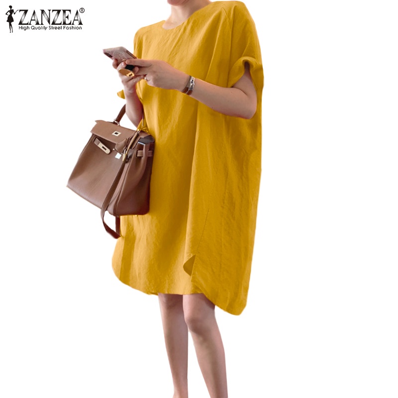 Đầm dáng rộng ngắn ZANZEA tay lửng cổ tròn màu trơn phong cách hàn quốc thời trang thường ngày cho nữ