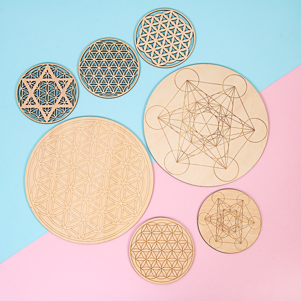 MIOSHOP 1PC Chakra Flower of life Natural Symbol Coaster Wood Round Edge Coaster 10/20cm