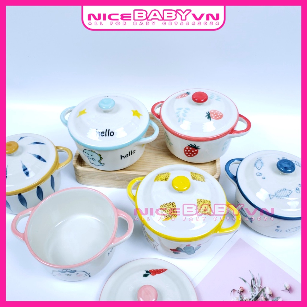 Bát Ăn Dặm Gốm Sứ Hình Nồi Họa Tiết Có Nắp Cho Bé 200ml NiceBabyVn