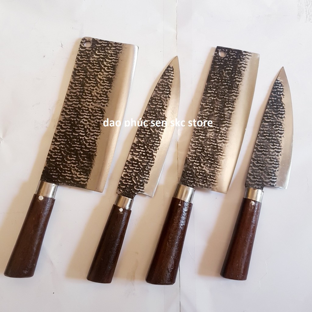 Bộ 4 dao bếp cán gỗ mun , rèn thủ công từ nhíp xe