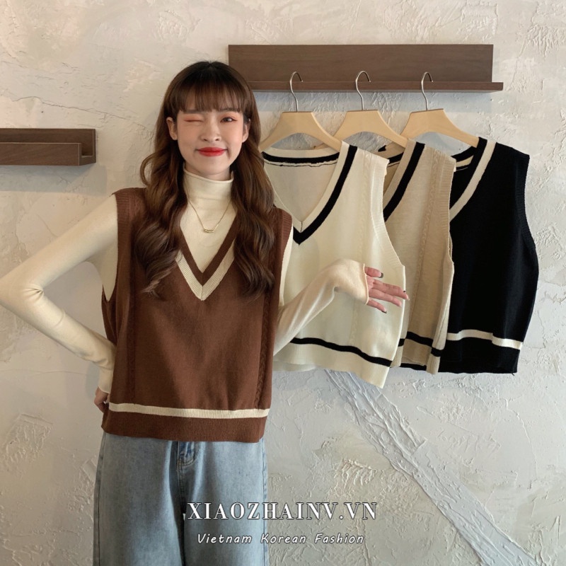 Áo len cổ chữ V không tay phong cách Hàn Quốc cho nữ với 4 màu tùy chọn
