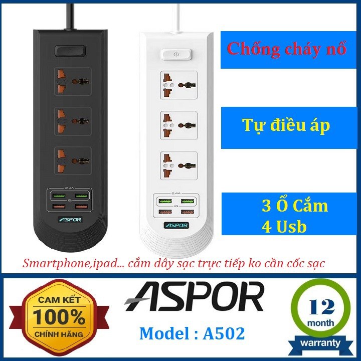 Ổ Cắm Điện Thông Minh ASPOR A502, 4 Cổng USB Sạc Nhanh 2.4A - Chuẩn EU Chống Cháy Nổ Với IC Tự Ngắt