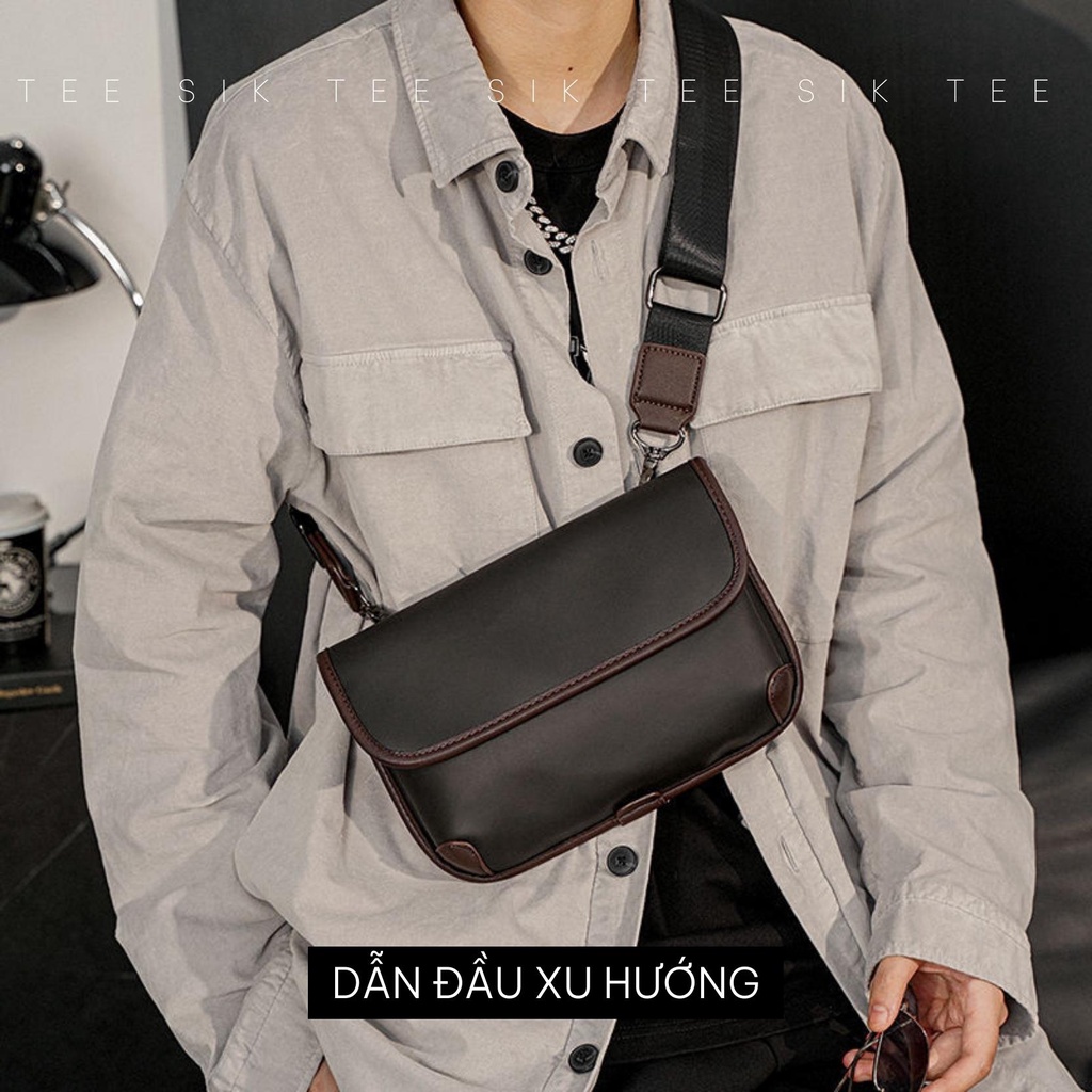 Túi đeo chéo nam TEE SIK túi đeo nam da PU màu đen bóng unisex đeo ngực vai cá tính form dày dặn TS31 Black