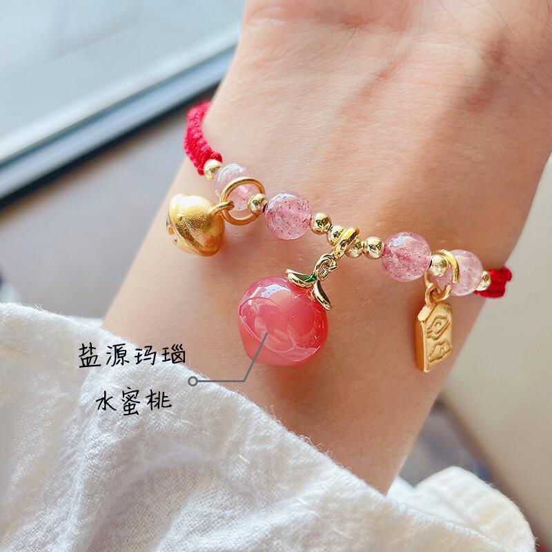 Vòng tay bện màu đỏ đính đá pha lê dâu tây thời trang xuân hè cho nữ