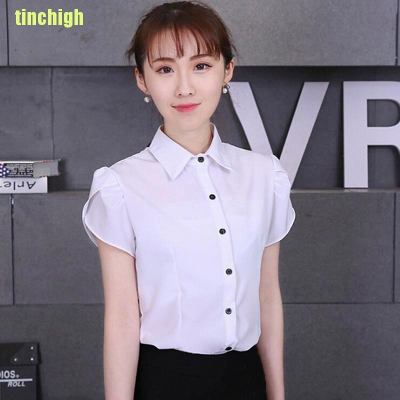 [Tinchigh] Women Fashion  Short Sleeve Ol Blouses Chiffon White Shirts Office Work Wear Top [Tin]