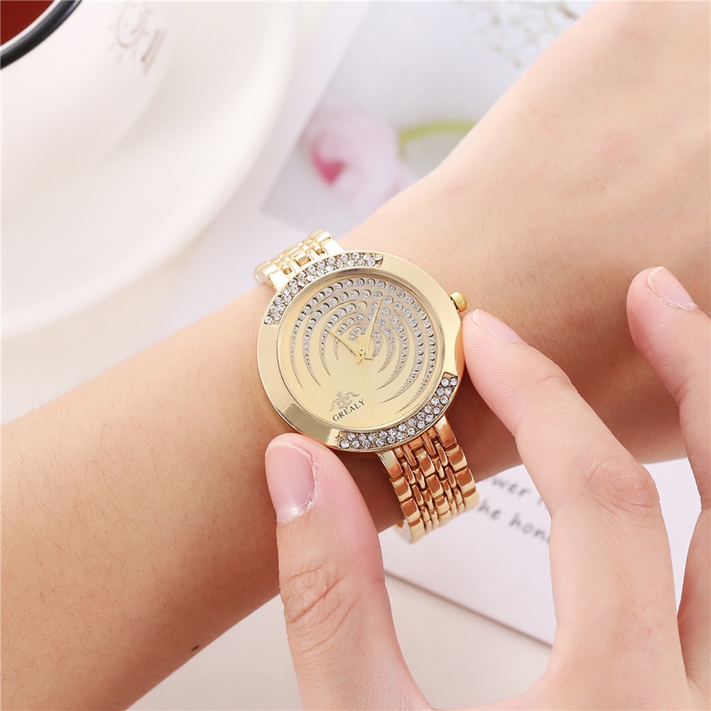 MACmk Women Shiny Rhinestone Inlaid Round Dial Mesh Band Quartz Analog Wrist Watch