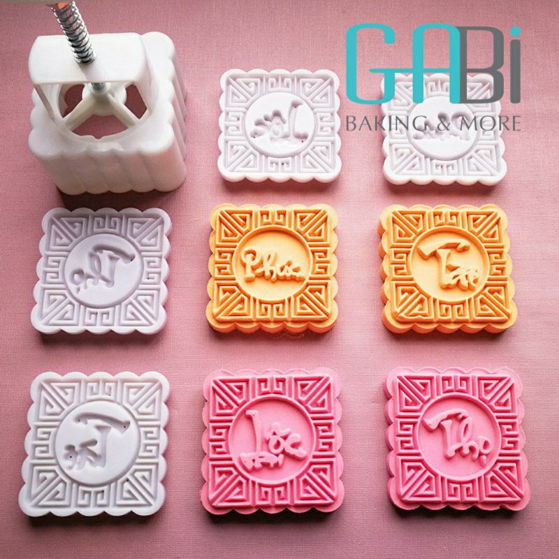 Khuôn nhấn trung thu lò xo 125g 4 mặt vuông Phúc lộc thọ tài